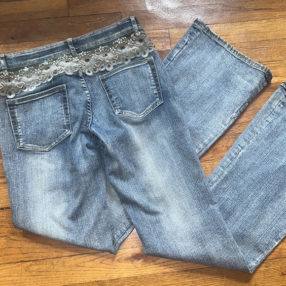 Cache Y2K Bootcut Embellished Jeans Lace Beaded Gold Jewels Jean Pant - Picture 2 of 8